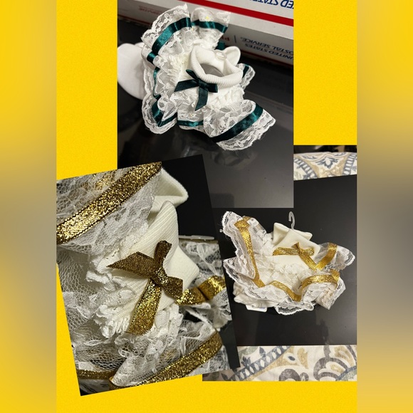 Vintage NWT Pair Hip Hop Ruffled Gold Metallic Lace Ribbon Bows Pageant Socks - Picture 2 of 13